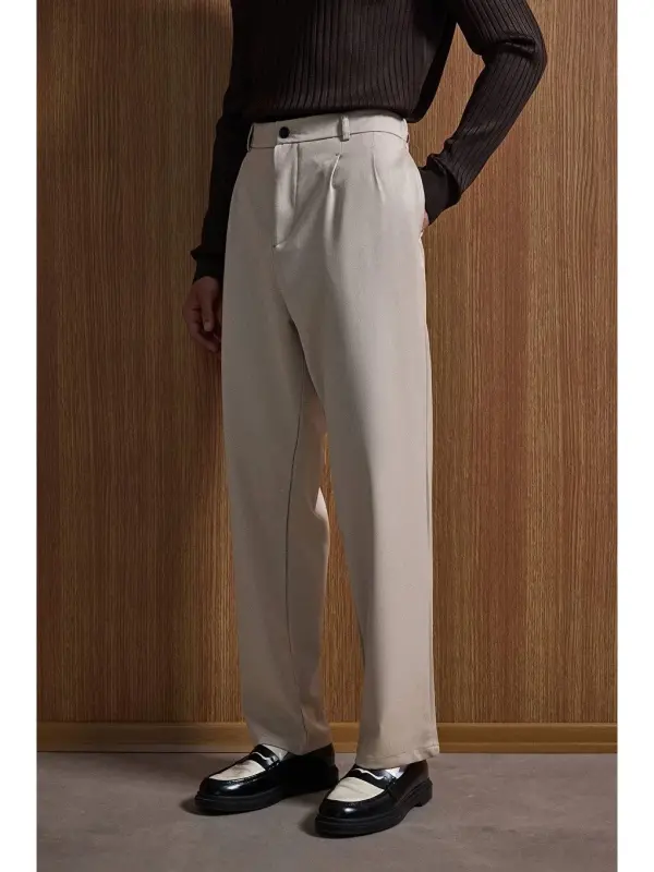 Baggy Fit Fabric Men's Pants Beige-Beige - 4