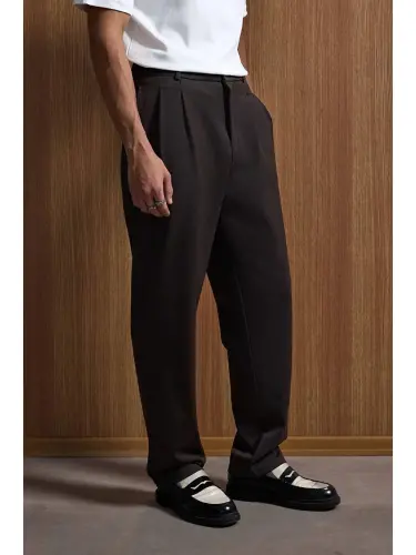 Baggy Fit Fabric Men's Trousers Coffee-Brown - 3