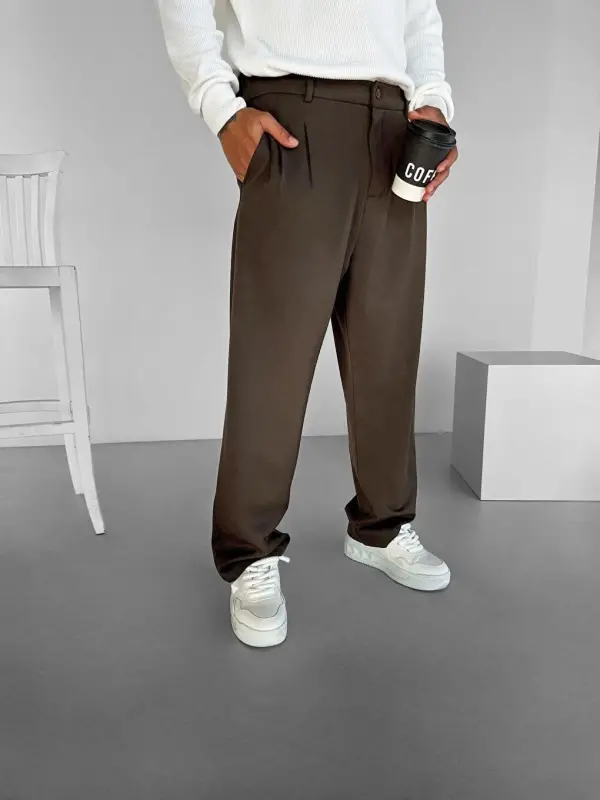 Baggy Fit Fabric Men's Trousers Coffee-Brown - 6
