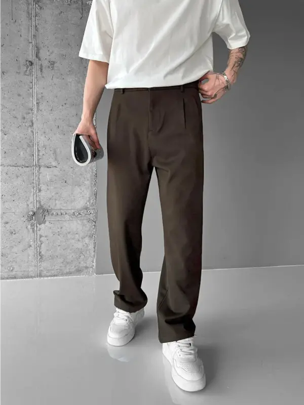 Baggy Fit Fabric Men's Trousers Coffee-Brown - 7