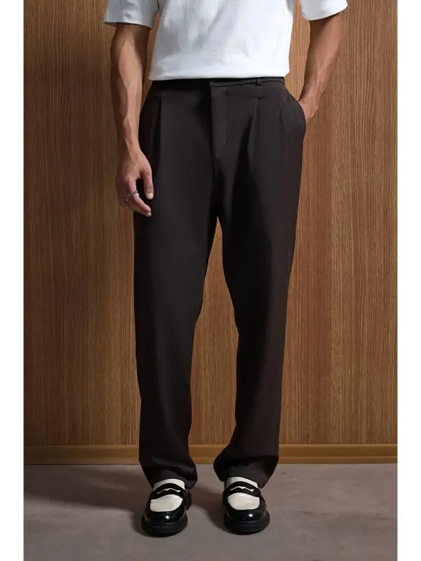 Baggy Fit Fabric Men's Trousers Coffee-Brown - 1