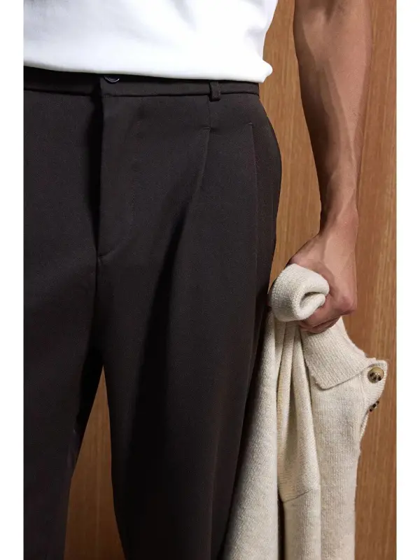 Baggy Fit Fabric Men's Trousers Coffee-Brown - 2