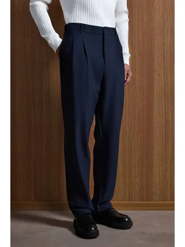 Baggy Fit Fabric Men's Trousers Navy Blue-Navy Blue - 4