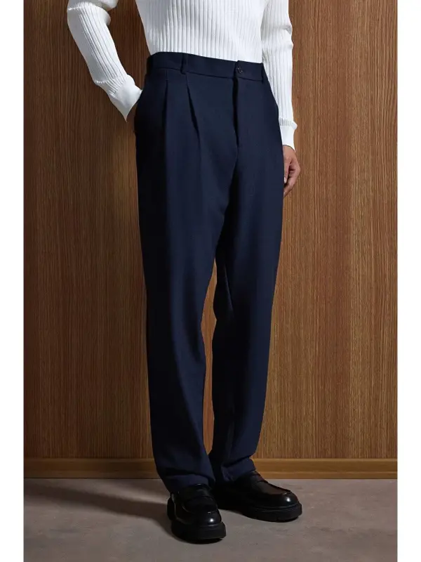Baggy Fit Fabric Men's Trousers Navy Blue-Navy Blue - 4