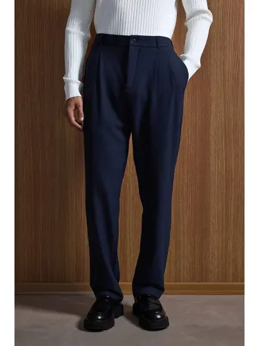 Baggy Fit Fabric Men's Trousers Navy Blue-Navy Blue - 3