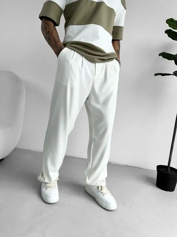 Baggy Fit Kumaş Erkek Pantolon Beyaz-Beyaz - 2