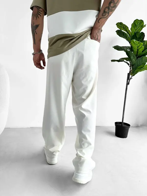 Baggy Fit Kumaş Erkek Pantolon Beyaz-Beyaz - 4