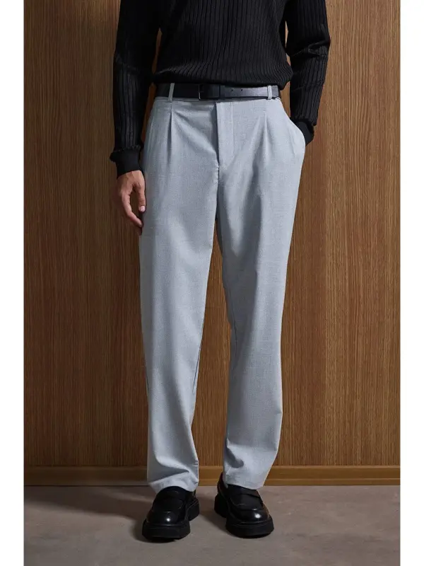Baggy Fit Kumaş Erkek Pantolon Gri-Gri - 5