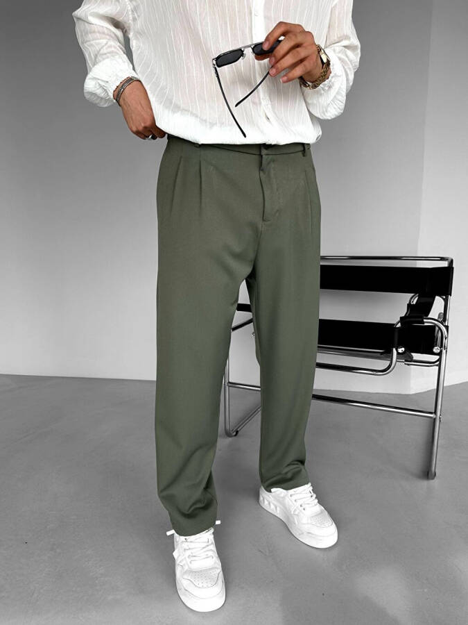 Baggy Fit Kumaş Erkek Pantolon Haki Yeşil-Haki - 1