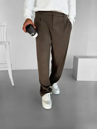 Kahverengi Baggy Fit Kumaş Erkek Pantolon Kahve-Kahverengi - 4