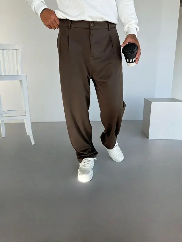 Kahverengi Baggy Fit Kumaş Erkek Pantolon Kahve-Kahverengi - 5