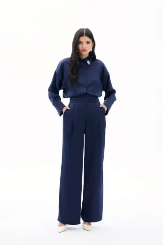 Baggy Satin Pants with Pockets - NAVY-NAVY 