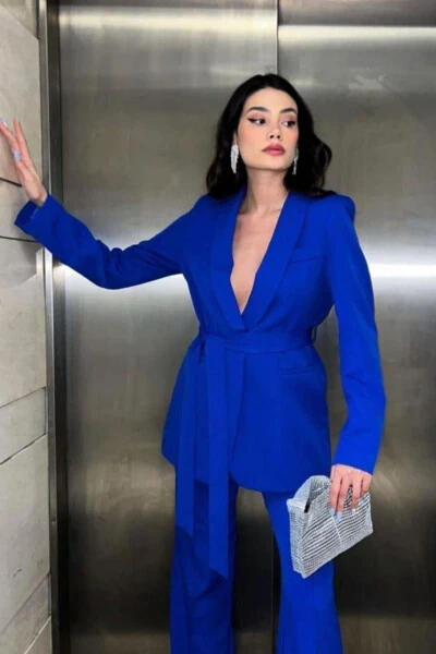 Bağlamalı Blazer Ceket Bol Paça Pantolon Takım-Saks mavisi - MYGİYİMİSTANBUL