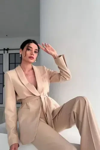 Bağlamalı Blazer Ceket Bol Paça Pantolon Takım-Bej - 1