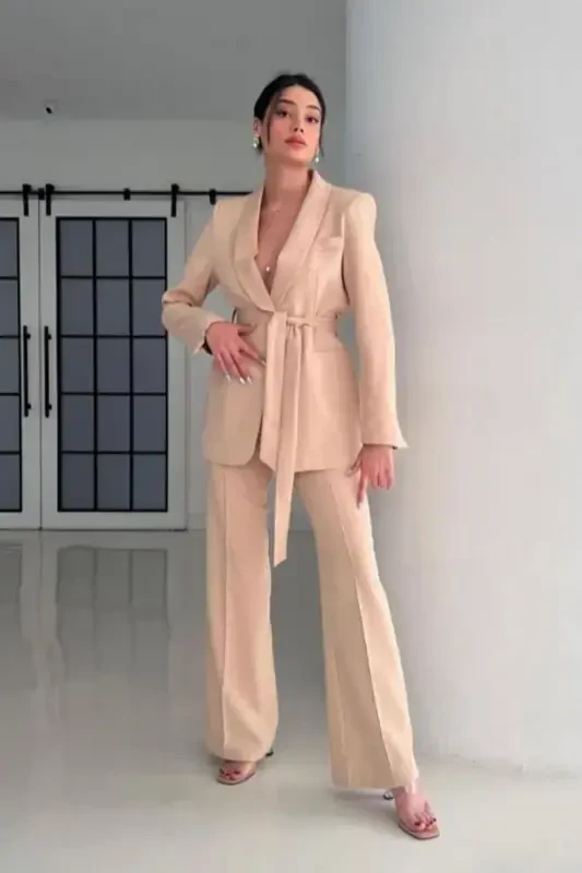 Bağlamalı Blazer Ceket Bol Paça Pantolon Takım-Bej - 2