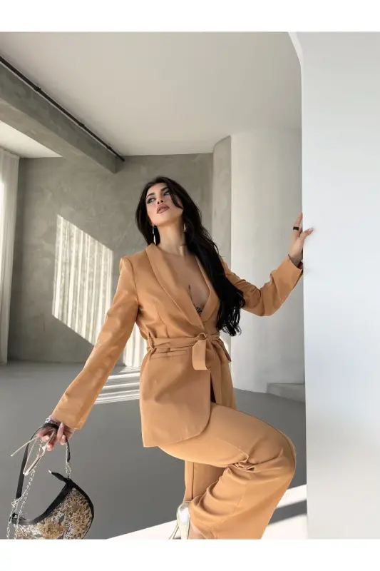 Bağlamalı Blazer Ceket Bol Paça Pantolon Takım-GAMAL - 2