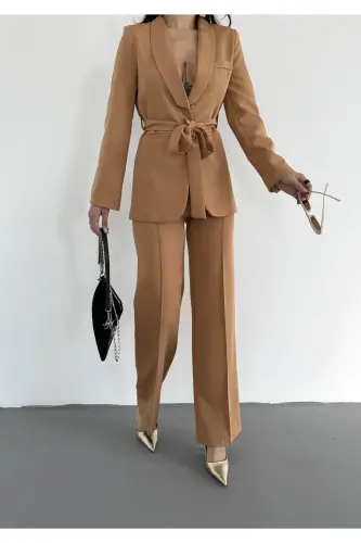 Bağlamalı Blazer Ceket Bol Paça Pantolon Takım-GAMAL - 3