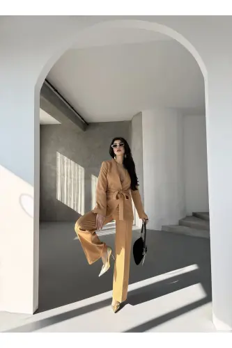 Bağlamalı Blazer Ceket Bol Paça Pantolon Takım-GAMAL - 4
