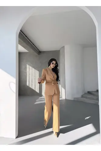 Bağlamalı Blazer Ceket Bol Paça Pantolon Takım-GAMAL - 7
