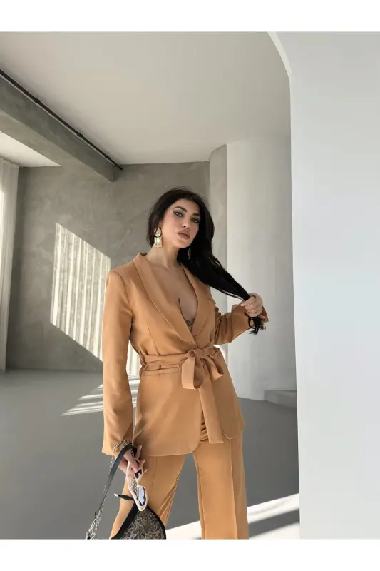 Bağlamalı Blazer Ceket Bol Paça Pantolon Takım-GAMAL - 1