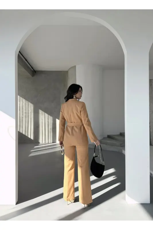 Bağlamalı Blazer Ceket Bol Paça Pantolon Takım-GAMAL - 5