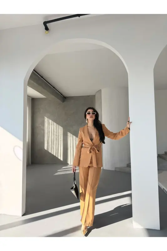 Bağlamalı Blazer Ceket Bol Paça Pantolon Takım-GAMAL - 6