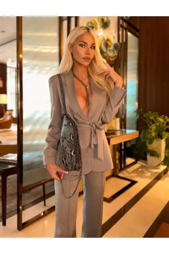 Bağlamalı Blazer Ceket Bol Paça Pantolon Takım-GR 