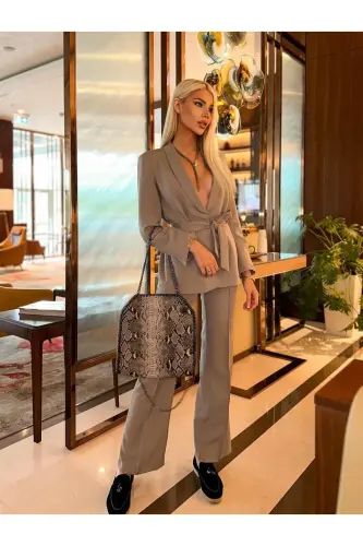 Bağlamalı Blazer Ceket Bol Paça Pantolon Takım-GR - 2