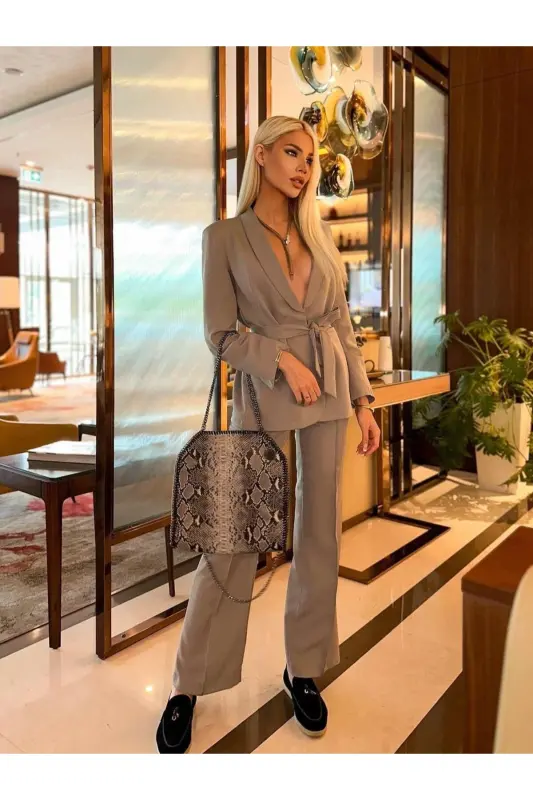 Bağlamalı Blazer Ceket Bol Paça Pantolon Takım - GR - 2