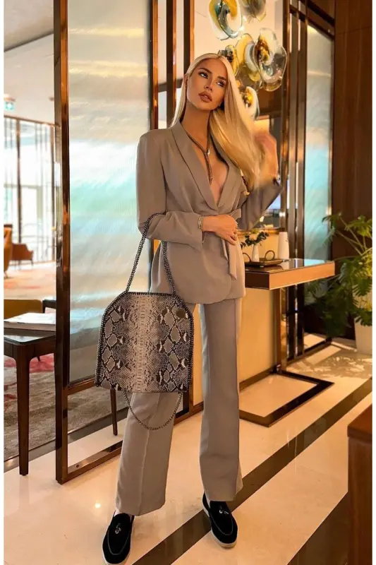 Bağlamalı Blazer Ceket Bol Paça Pantolon Takım - GR - 3