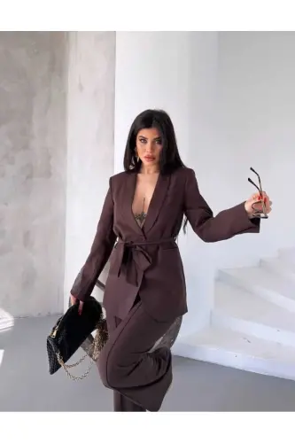Bağlamalı Blazer Ceket Bol Paça Pantolon Takım - Kahverengi - MYGİYİMİSTANBUL (1)