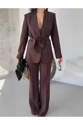 Bağlamalı Blazer Ceket Bol Paça Pantolon Takım - Kahverengi - 1