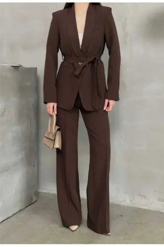 Bağlamalı Blazer Ceket Bol Paça Pantolon Takım - Kahverengi - 3