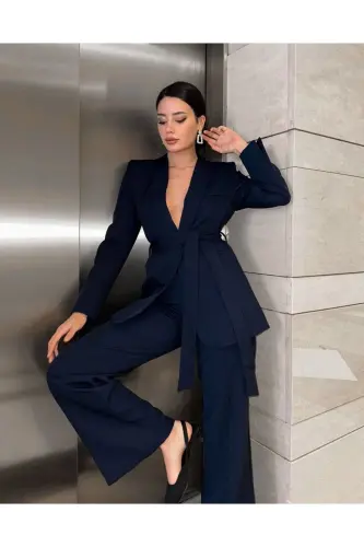 Bağlamalı Blazer Ceket Bol Paça Pantolon Takım-LACİ - MYGİYİMİSTANBUL (1)