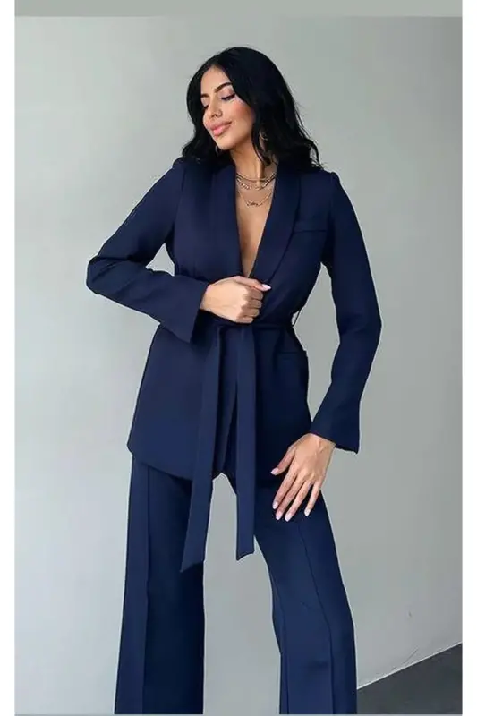 Bağlamalı Blazer Ceket Bol Paça Pantolon Takım-LACİ - MYGİYİMİSTANBUL