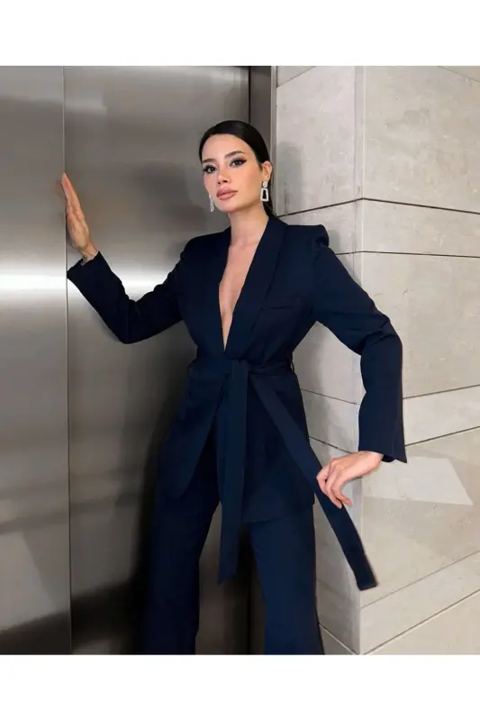 Bağlamalı Blazer Ceket Bol Paça Pantolon Takım-LACİ - 3