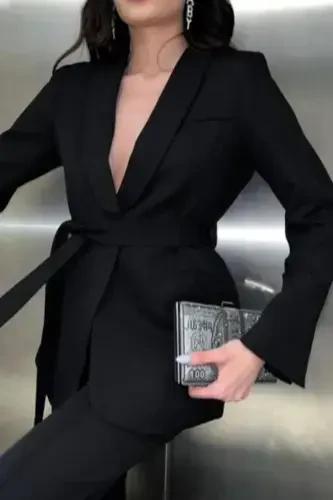 Bağlamalı Blazer Ceket Bol Paça Pantolon Takım-Siyah - MYGİYİMİSTANBUL (1)