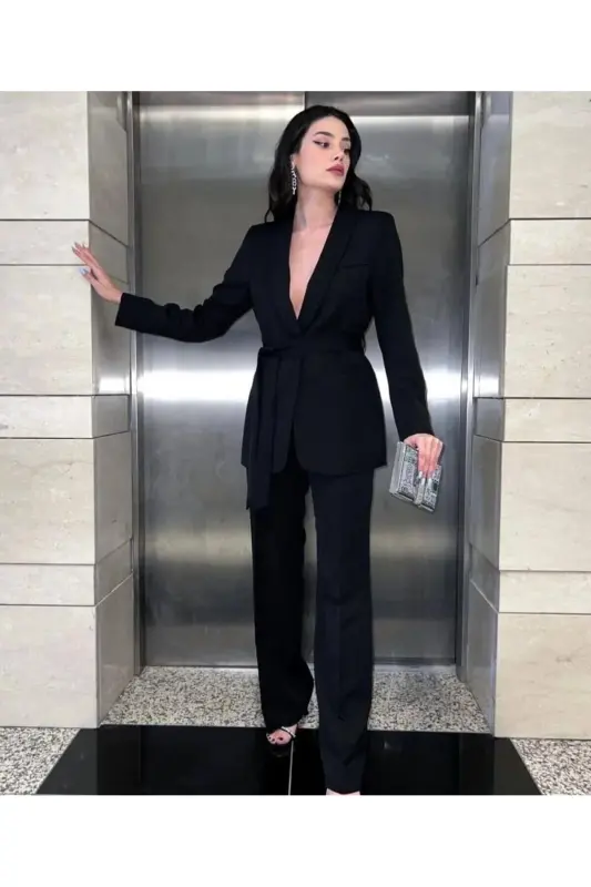 Bağlamalı Blazer Ceket Bol Paça Pantolon Takım-Siyah - 1