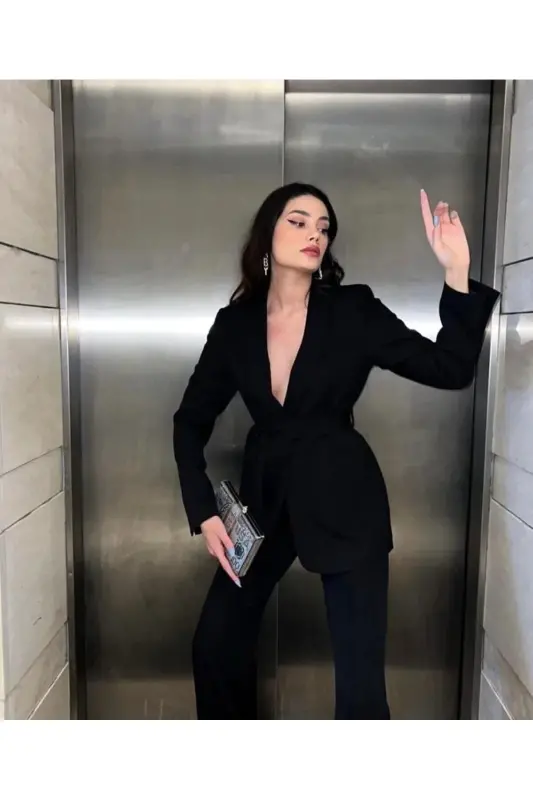 Bağlamalı Blazer Ceket Bol Paça Pantolon Takım-Siyah - 2