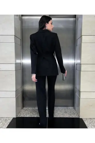 Bağlamalı Blazer Ceket Bol Paça Pantolon Takım-Siyah - 3