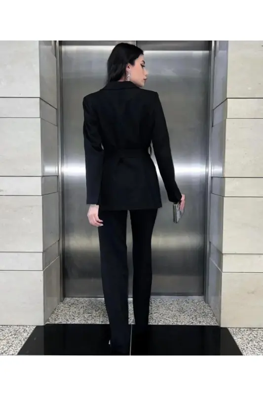Bağlamalı Blazer Ceket Bol Paça Pantolon Takım-Siyah - 3