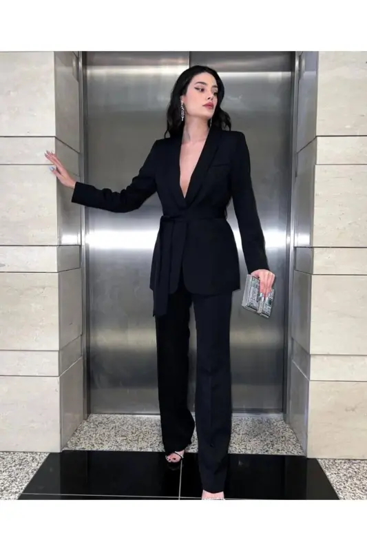 Bağlamalı Blazer Ceket Bol Paça Pantolon Takım-Siyah - 2
