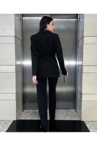 Bağlamalı Blazer Ceket Bol Paça Pantolon Takım-Siyah - 3