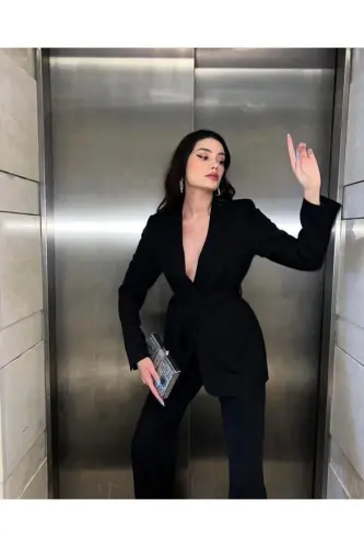 Bağlamalı Blazer Ceket Bol Paça Pantolon Takım-Siyah - 1