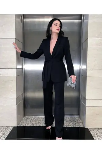 Bağlamalı Blazer Ceket Bol Paça Pantolon Takım-Siyah - MYGİYİMİSTANBUL (1)