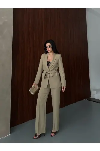 Bağlamalı Blazer Ceket Bol Paça Pantolon Takım-Yeşil - 5