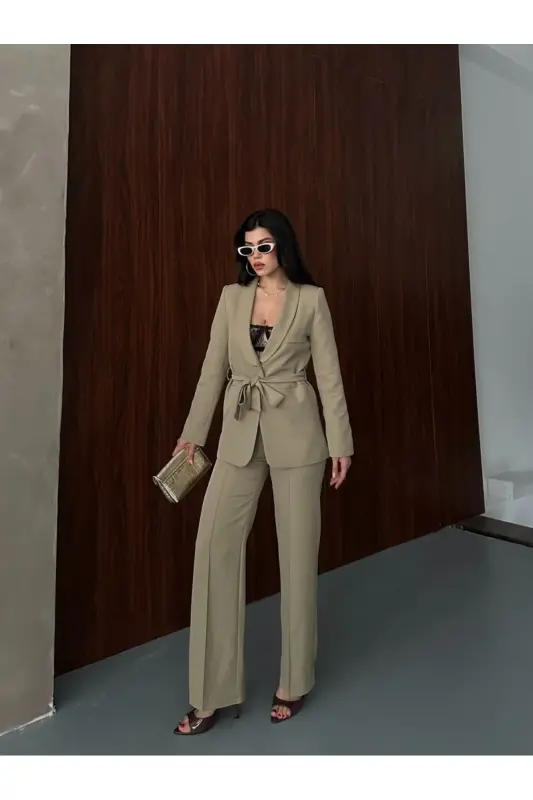 Bağlamalı Blazer Ceket Bol Paça Pantolon Takım-Yeşil - 5