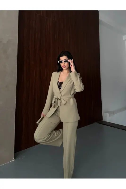 Bağlamalı Blazer Ceket Bol Paça Pantolon Takım-Yeşil - 8
