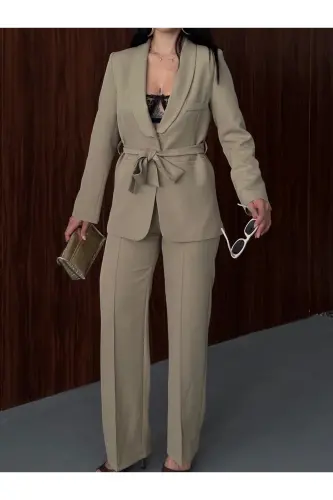 Bağlamalı Blazer Ceket Bol Paça Pantolon Takım-Yeşil - 2