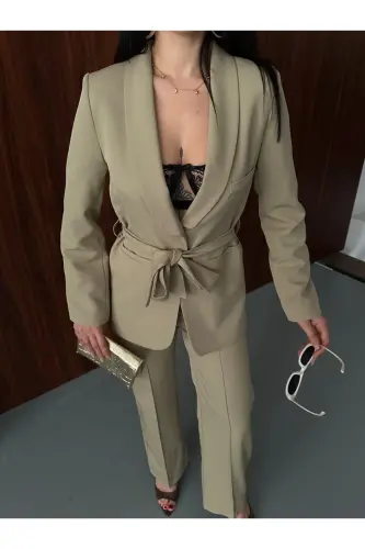 Bağlamalı Blazer Ceket Bol Paça Pantolon Takım-Yeşil - 3